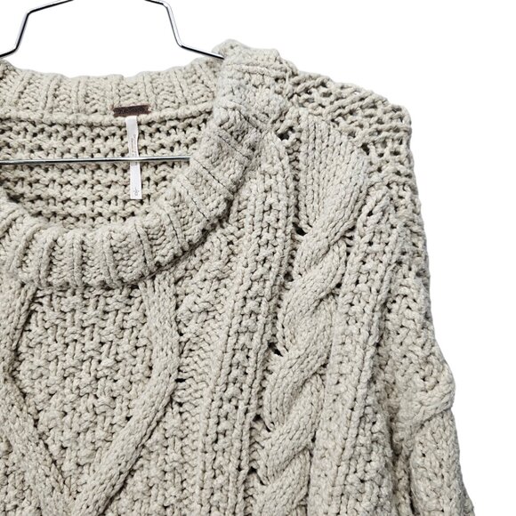 Free People Cutting Edge Cable Pullover Chunky Cream Cotton Cropped Sweater - Picture 4 of 8